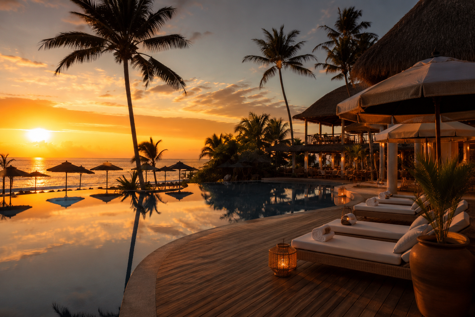 Vue du BRIT RESORT au coucher du soleil avec piscine, palmiers et ambiance tropicale en bord de mer