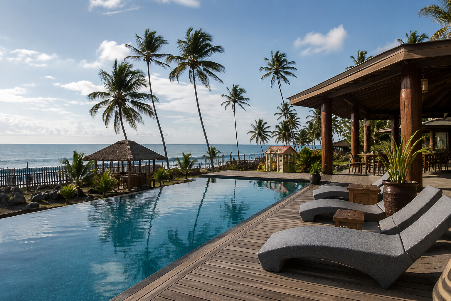 Espace extérieur du BRIT RESORT avec piscine, terrasse, palmiers et vue sur l’océan
