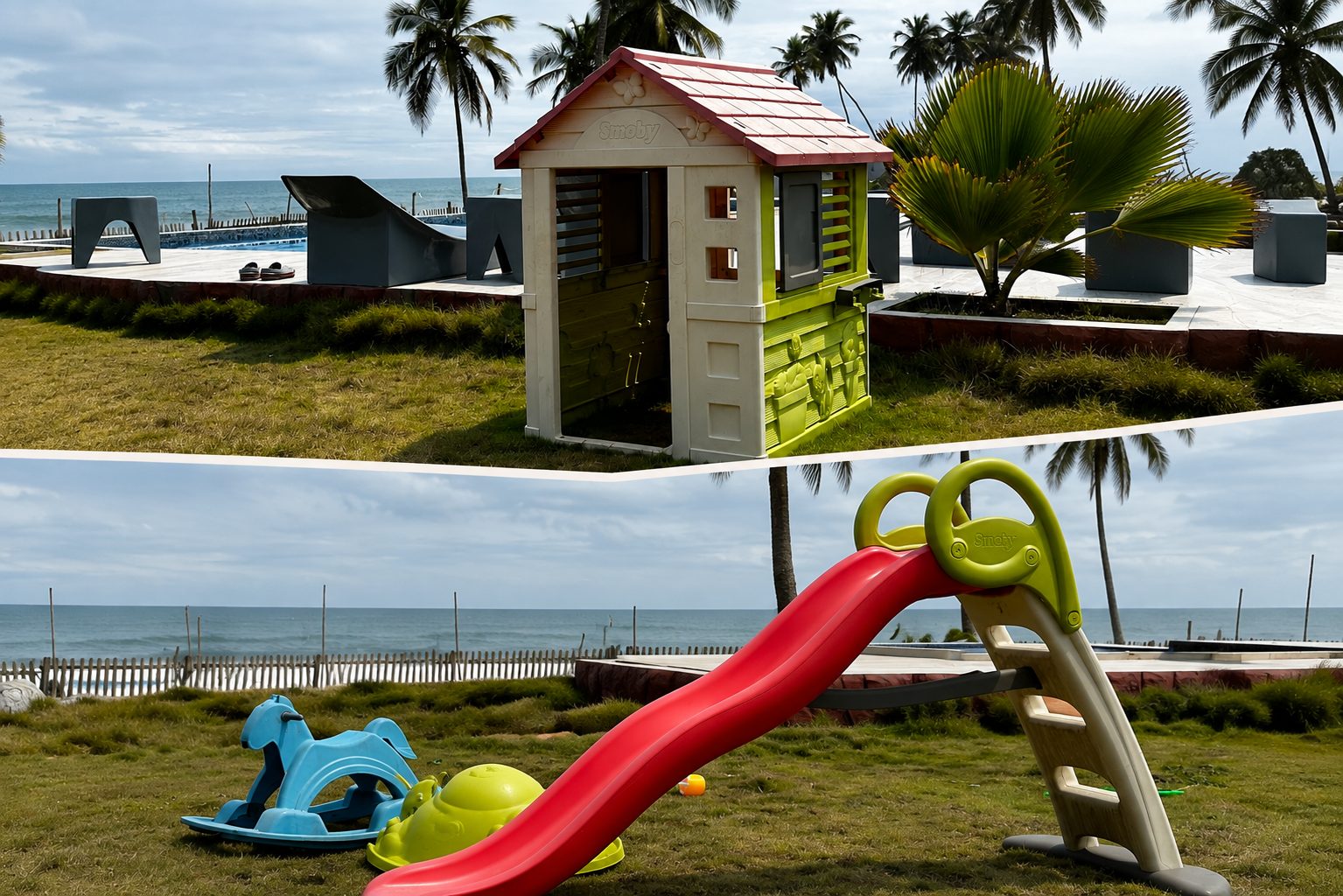 Aire de jeux pour enfants du BRIT RESORT avec maisonnette, toboggan et jeux en plein air face à l’océan